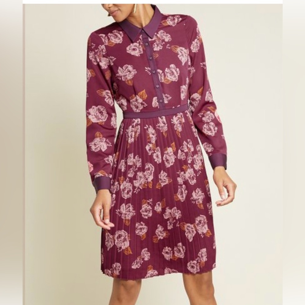 ModCloth Floral Burgundy Maroon Long Sleeve Dress size 10